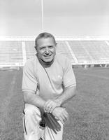 Football publicist Barney Lewellgn posed at Blakeslee Stadium, Mankato State College, 1968-10-14.